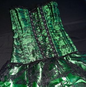 Green Black Lace Silky Corset Skirt Combo